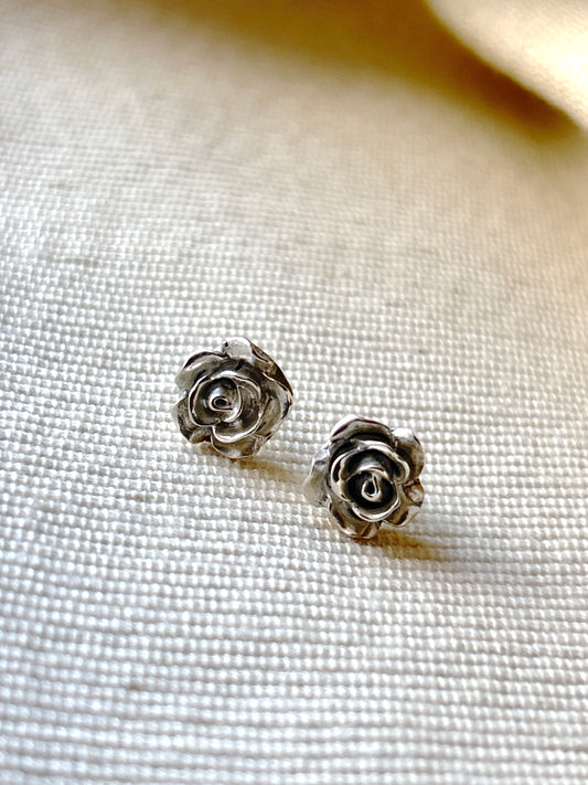 Fine Silver Rose Stud Earrings